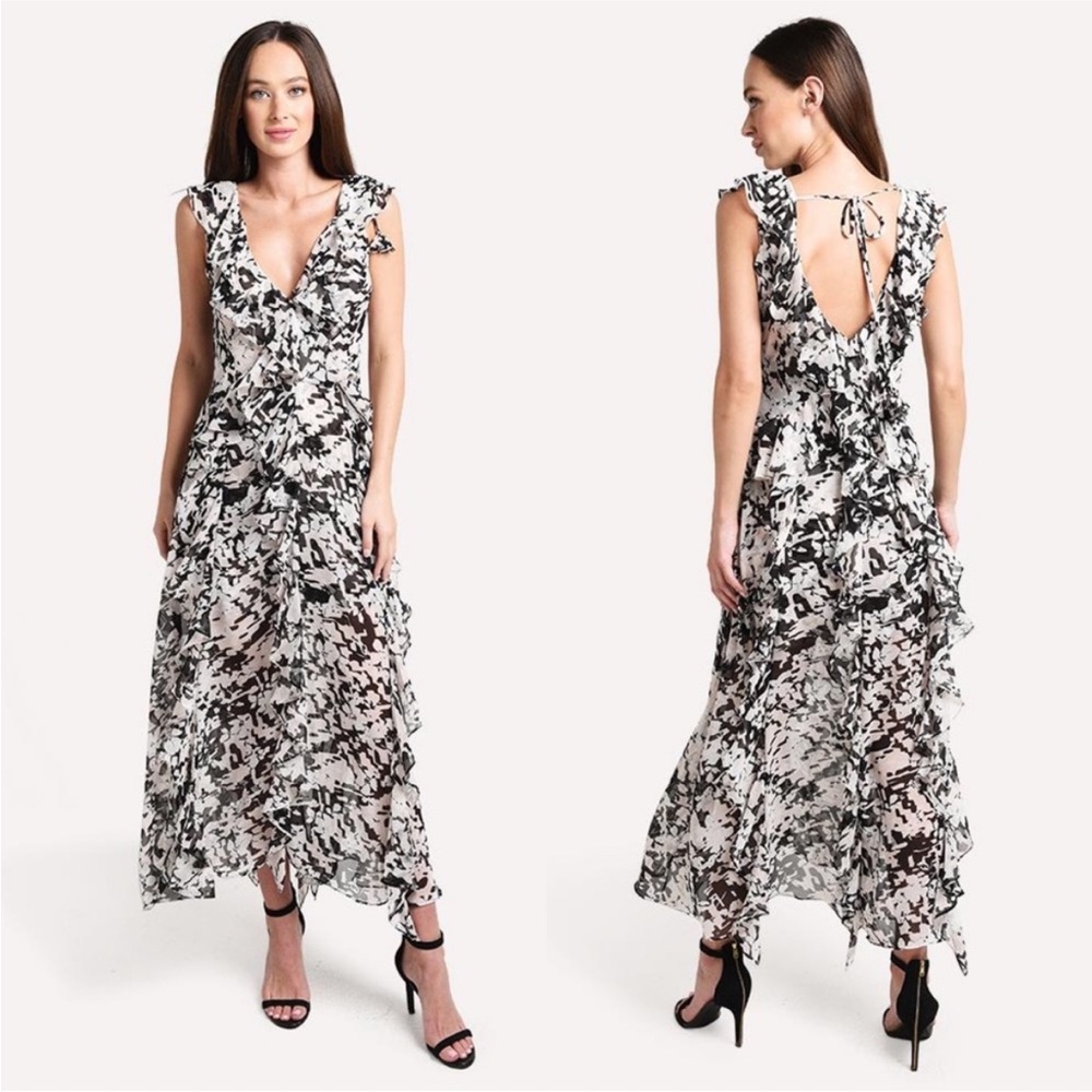 Misa Los Angeles Elegant Black and White Ruffle Women's Dress